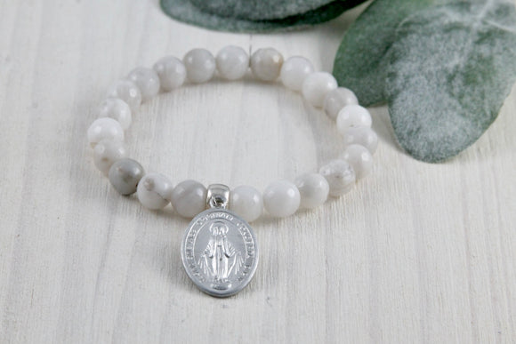 Miraculous Mary bracelet with natural white agate stone.